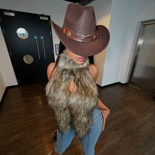 Hairy neck tie rope backless sleeveless slit crop top vest