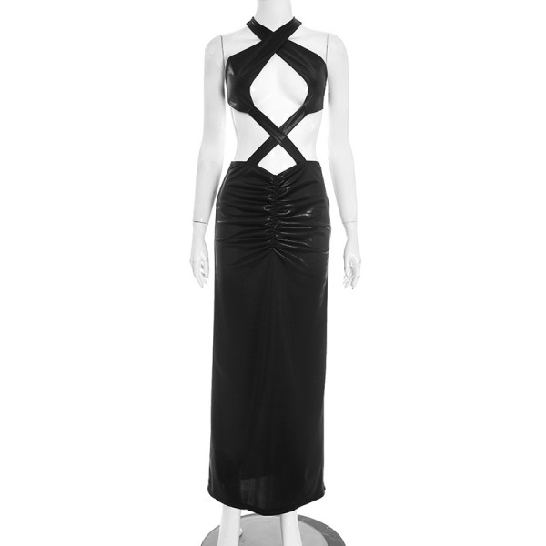 Cross tied backless hollow out dress