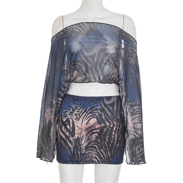Tiger print mesh one shoulder long sleeved top, tight fitting half skirt two-piece set