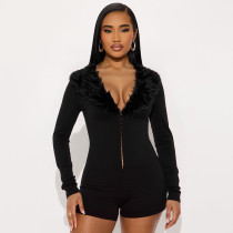 Black faux fur trimmed long sleeved jumpsuit Black faux fur trimmed long sleeved jumpsuit