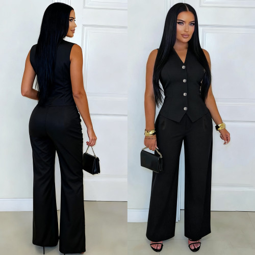 Sleeveless V-neck suit vest high waisted wide leg pants set