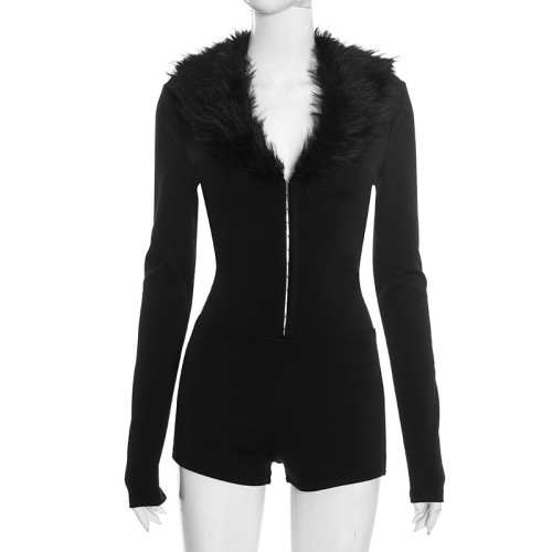 Black faux fur trimmed long sleeved jumpsuit