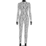 Lace sheer tight fitting long sleeved zipper jumpsuit