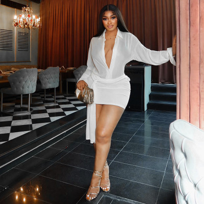 Wrinkle strap wrapped hip skirt, deep V-neck long sleeved short dress