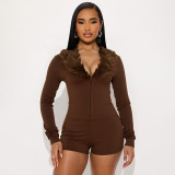 Black faux fur trimmed long sleeved jumpsuit
