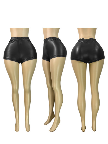 Elastic leather hip hugging shorts