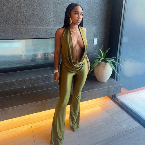 Hollow out fake two-piece hanging neck swinging collar large backless jumpsuit pants