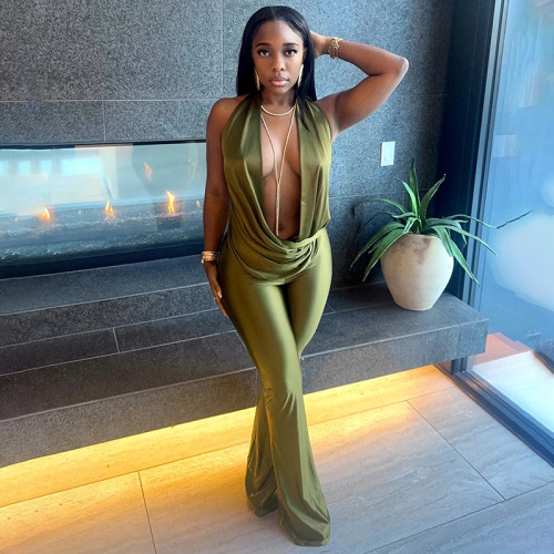 Hollow out fake two-piece hanging neck swinging collar large backless jumpsuit pants