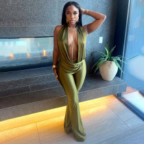 Hollow out fake two-piece hanging neck swinging collar large backless jumpsuit pants Hollow out fake two-piece hanging neck swinging collar large backless jumpsuit pants