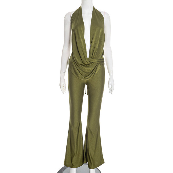 Hollow out fake two-piece hanging neck swinging collar large backless jumpsuit pants
