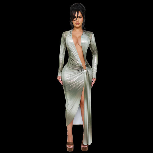 Printed deep V-long sleeved ribbon pleated long dress