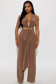 Lace up neck hanging sleeveless top vest waist waist waist and hip pants set