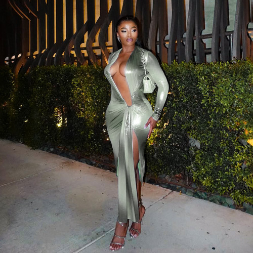 Printed deep V-long sleeved ribbon pleated long dress