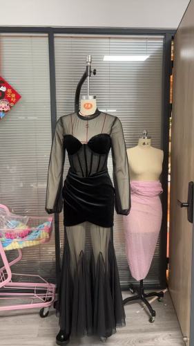 Mesh camisole slit long skirt dress