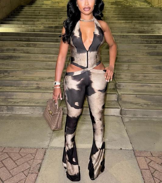 Printed jumpsuit with neck hanging and tie up straps