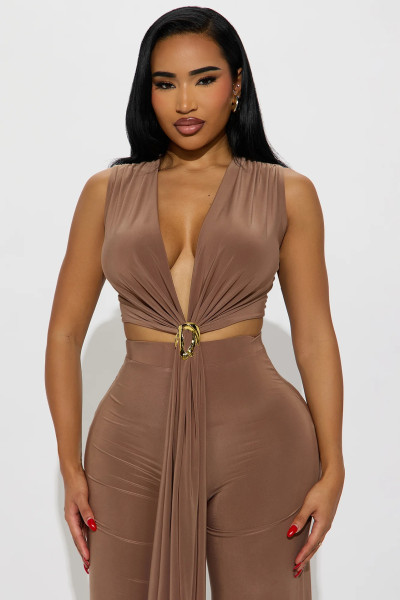Lace up neck hanging sleeveless top vest waist waist waist and hip pants set