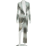 Printed deep V-long sleeved ribbon pleated long dress