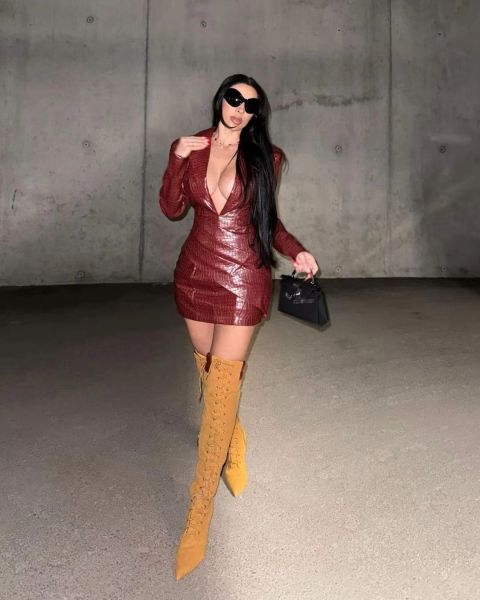 Red deep V-neck pleated leather one-piece dress