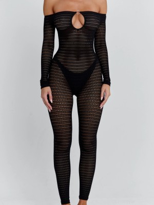 Long-sleeved one-shoulder camisole with cut-out, tight-fitting mesh, see-through jumpsuit