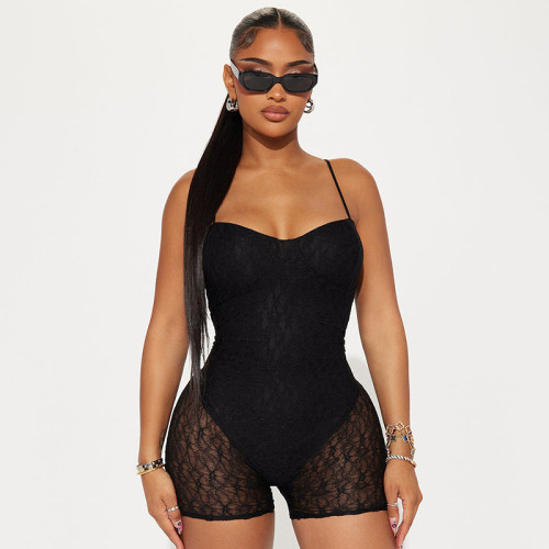 Fake two-piece camisole with backless lace-up splicing one-piece shorts