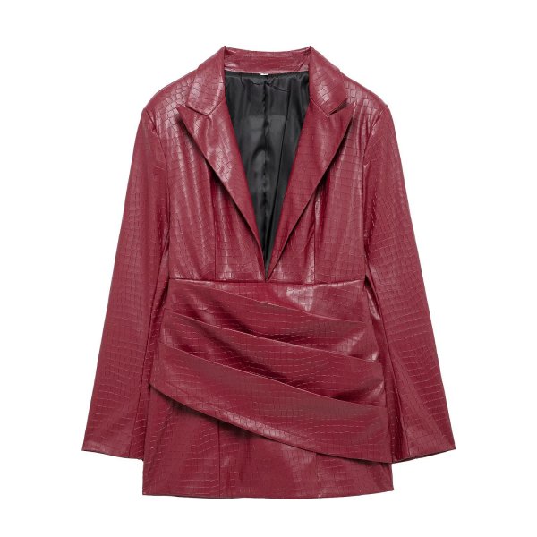 Red deep V-neck pleated leather one-piece dress
