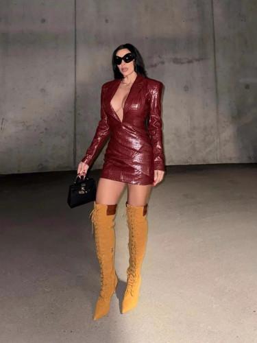 Red deep V-neck pleated leather one-piece dress