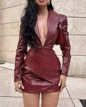 Red deep V-neck pleated leather one-piece dress