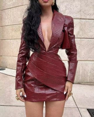 Red deep V-neck pleated leather one-piece dress