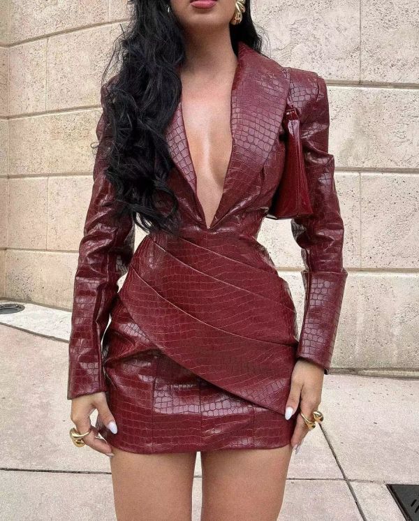 Red deep V-neck pleated leather one-piece dress