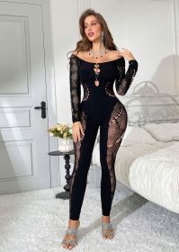 One-piece off-the-shoulder rhinestone-decorated long-sleeved jumpsuit with thickened mesh top