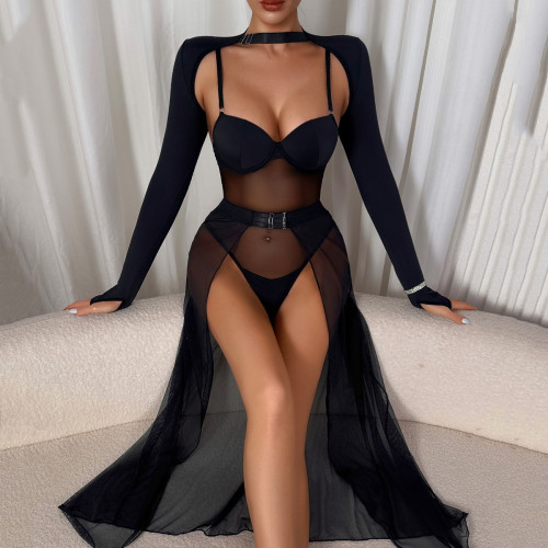 Three-piece set including see-through mesh body-shaping one-piece garment, patchwork slit skirt