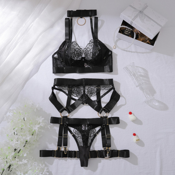 Bra set with steel ring, gathering and hollow-out underwear, five-piece set