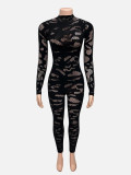 Round-neck long-sleeved hollow-out lace tight-fitting hip-lifting jumpsuit