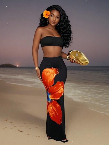 Flower-print camisole and long skirt set