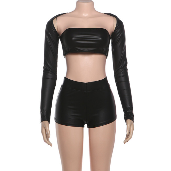 Long-sleeved glossy camisole and slim-fitting shorts set