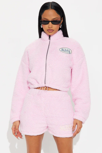 Thickened coral flannel flange long-sleeved shorts set