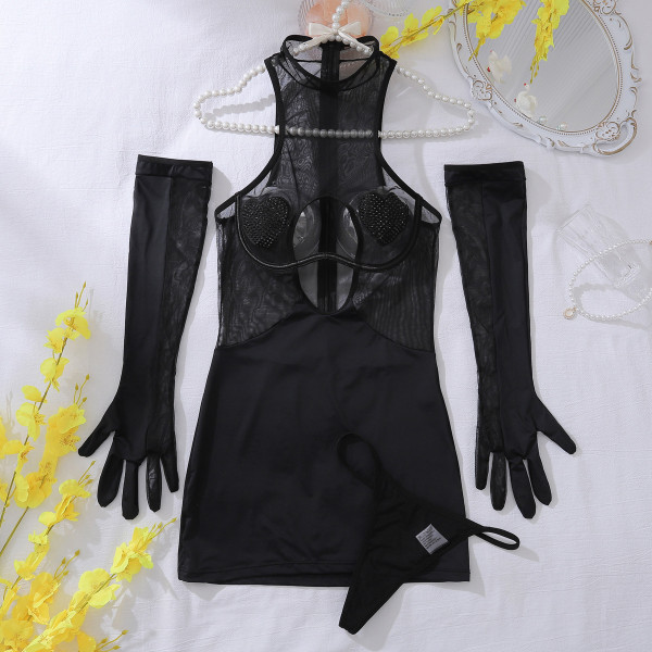 Neck-hanging sleeveless see-through mesh splicing small high-neck hip-hugging dress body-shaping underwear set