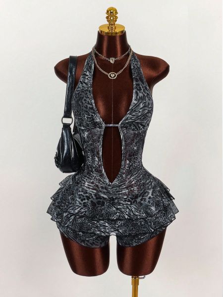 Leopard print halter neck backless lace-up tiered short dress