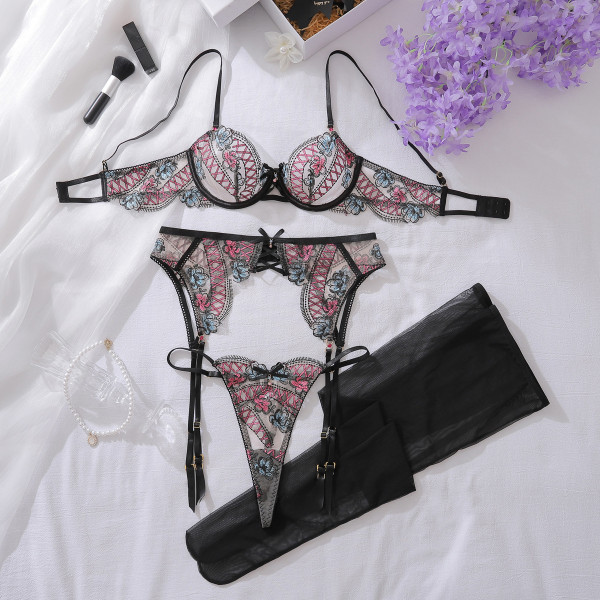 New style embroidery bra set, four-piece set of contrasting color mesh see-through seductive lingerie