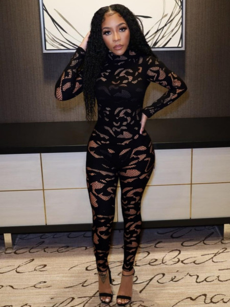 Round-neck long-sleeved hollow-out lace tight-fitting hip-lifting jumpsuit