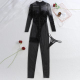 Patterned embroidery tight-fitting zipper see-through one-piece garment round neck long-sleeved set