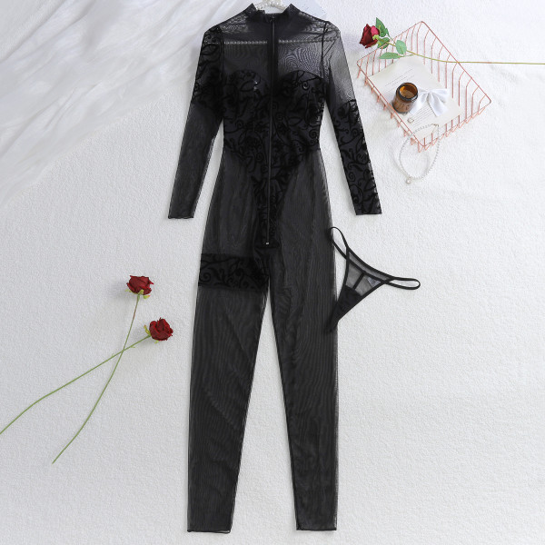Patterned embroidery tight-fitting zipper see-through one-piece garment round neck long-sleeved set