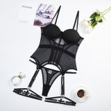 Mesh breathable body-shaping split suit with steel ring gathering belt and leg loops