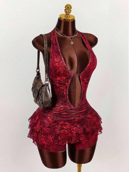 Leopard print halter neck backless lace-up tiered short dress