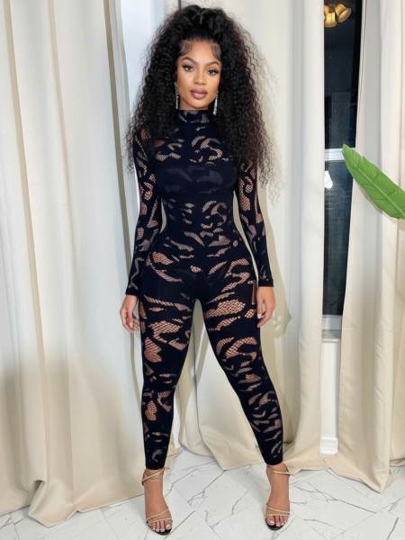 Round-neck long-sleeved hollow-out lace tight-fitting hip-lifting jumpsuit