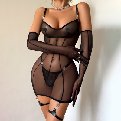Adjustable PU leather belt paired with mesh see-through dress and body-shaping suit, including gloves