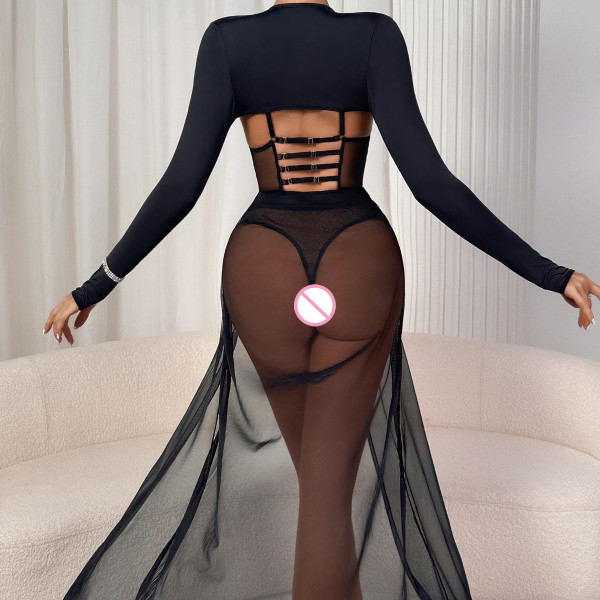 Three-piece set including see-through mesh body-shaping one-piece garment, patchwork slit skirt
