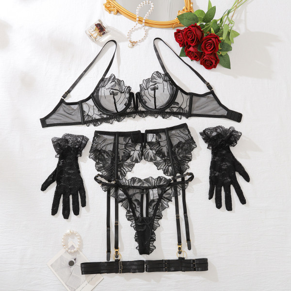 Lace-up hollow-out backless bra set, including underwear and pantyhose, five-piece set