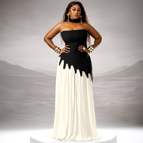 Color blocking patchwork strapless backless split ribbon skirt set