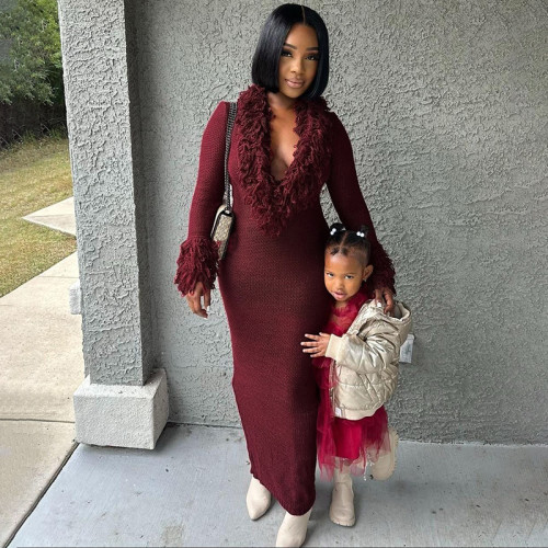 Long sleeved tassel deep V-neck solid color knitted hip hugging dress